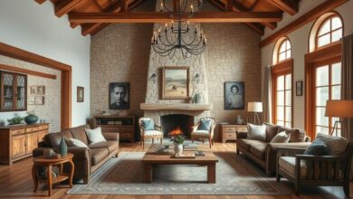 Sala de estar ampla com decoração rústica elegante, madeira e luz natural.