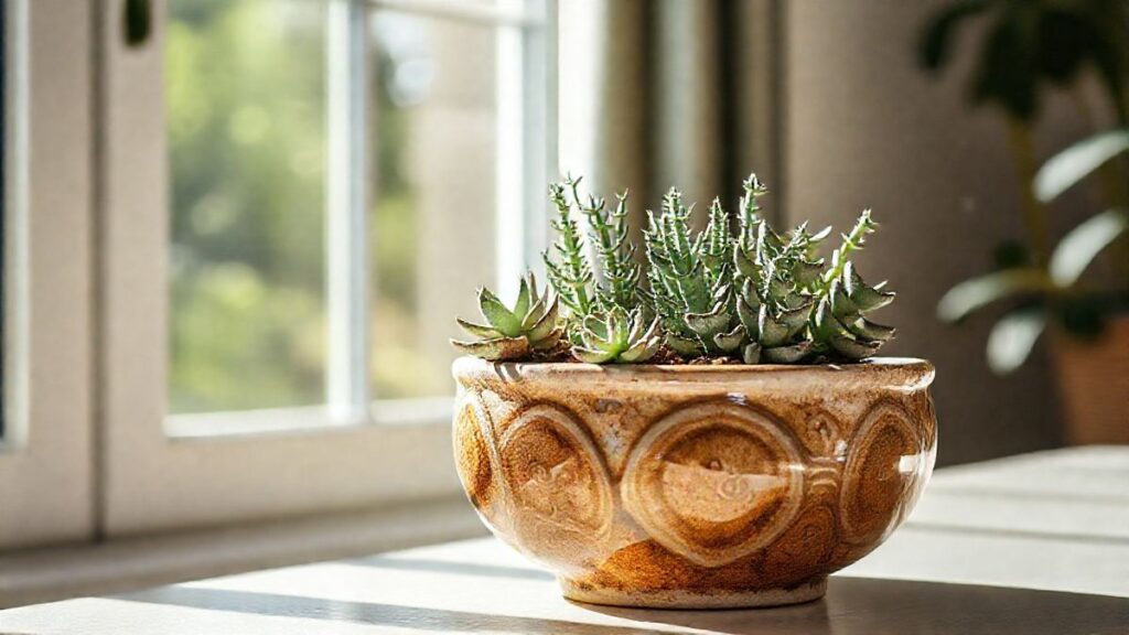Vaso decorativo com diversas suculentas em ambiente iluminado.
