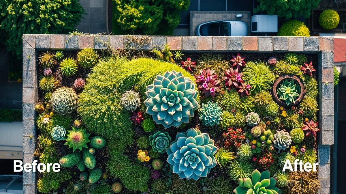 Vista aérea de um telhado verde florido com plantas rasteiras e gramíneas.