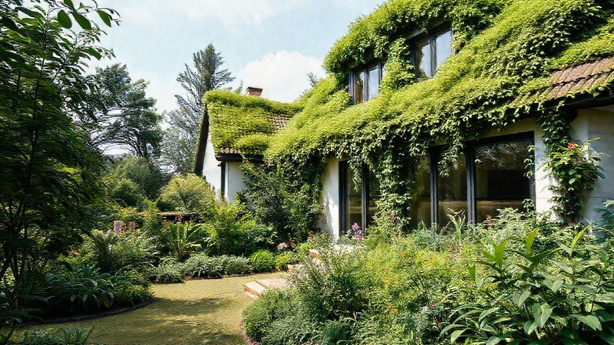 Casa com cobertura viva de plantas rasteiras e flores coloridas.