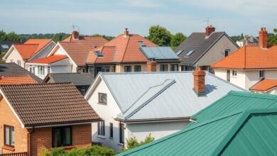 Diferentes tipos de telhado em casas modernas e tradicionais, mostrando estilos e materiais.