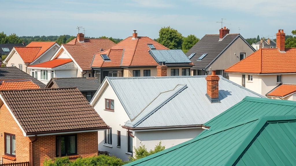 Diferentes tipos de telhado em casas modernas e tradicionais, mostrando estilos e materiais.