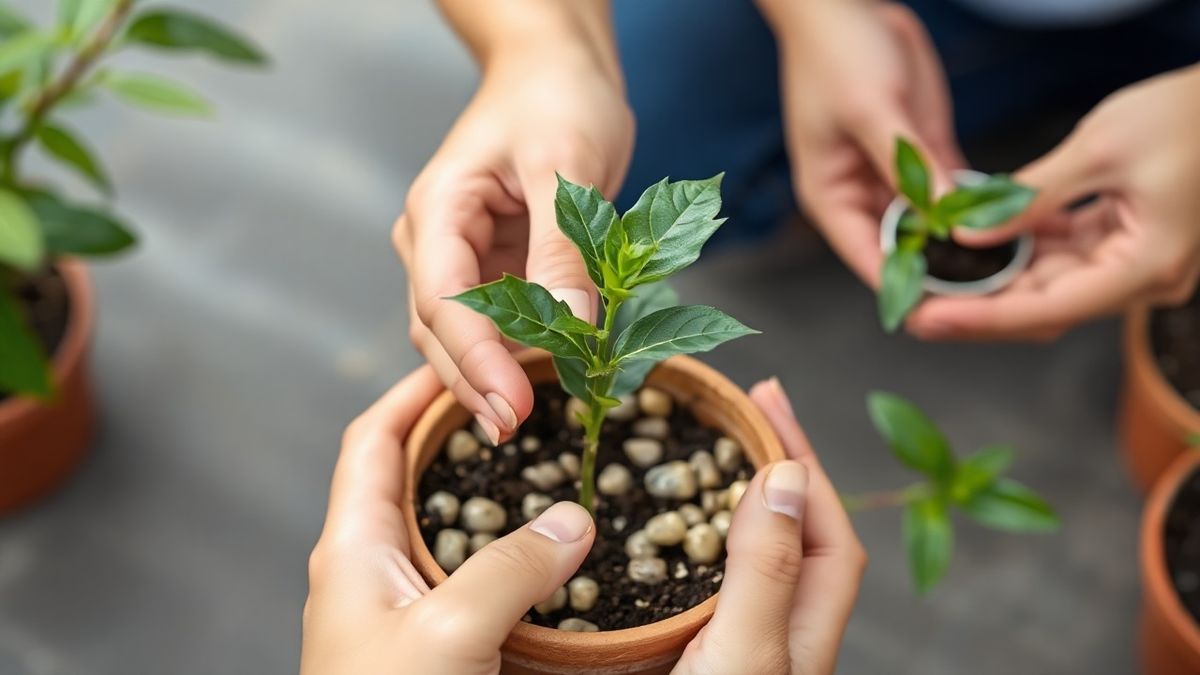 Mãos posicionando muda de alamanda em vaso com drenagem.
