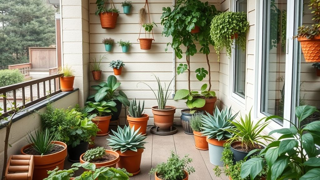 Varanda com vasos de diferentes tamanhos formando um simples jardim.