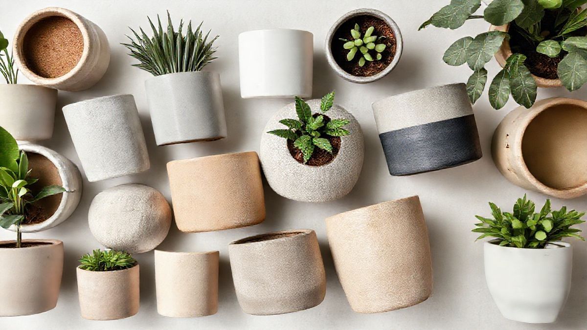 Conjunto de vasos de cerâmica, fibra e cimento com diferentes cores neutras e texturas.