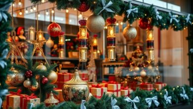 Vitrine de loja decorada para o Natal com luzes e enfeites festivos.