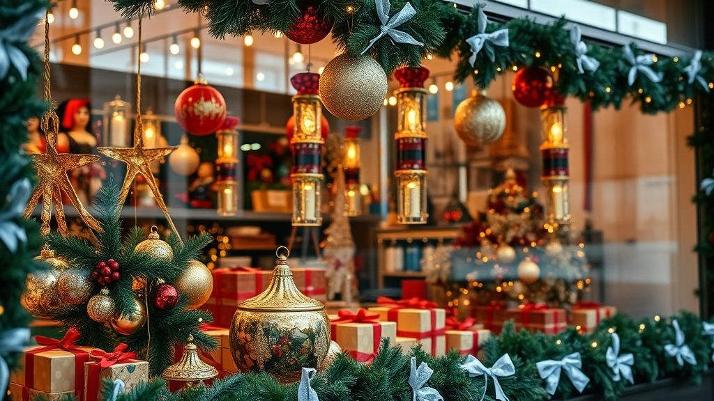 Vitrine de loja decorada para o Natal com luzes e enfeites festivos.