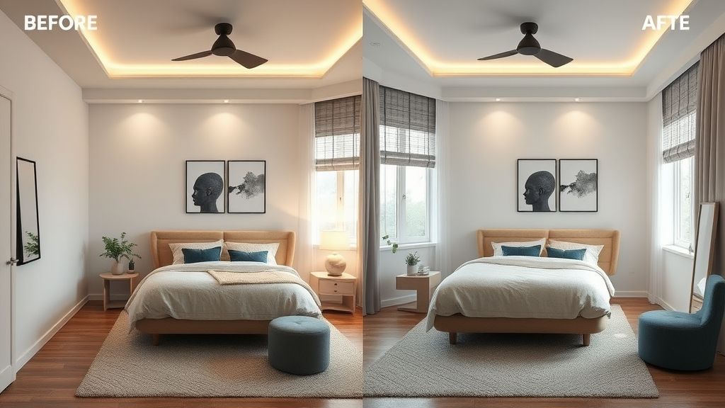 Comparativo antes e depois de um quarto decorado com recomendações de IA.