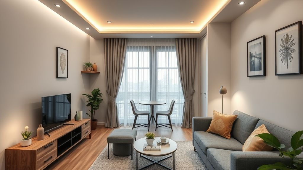 Apartamento pequeno finalizado com móveis planejados, iluminação embutida e estilo contemporâneo.