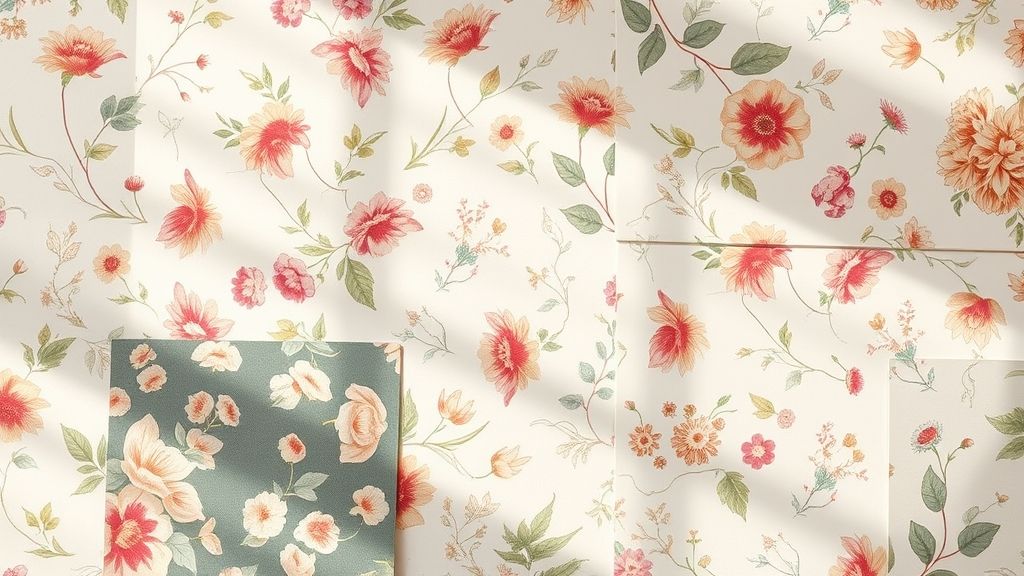 Close de amostras de papéis florais com diferentes padrões e cores.