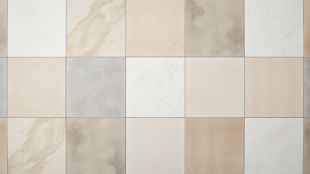 Flat lay de amostras de porcelanatos, pedras e cerâmicas em cores neutras e terrosas.