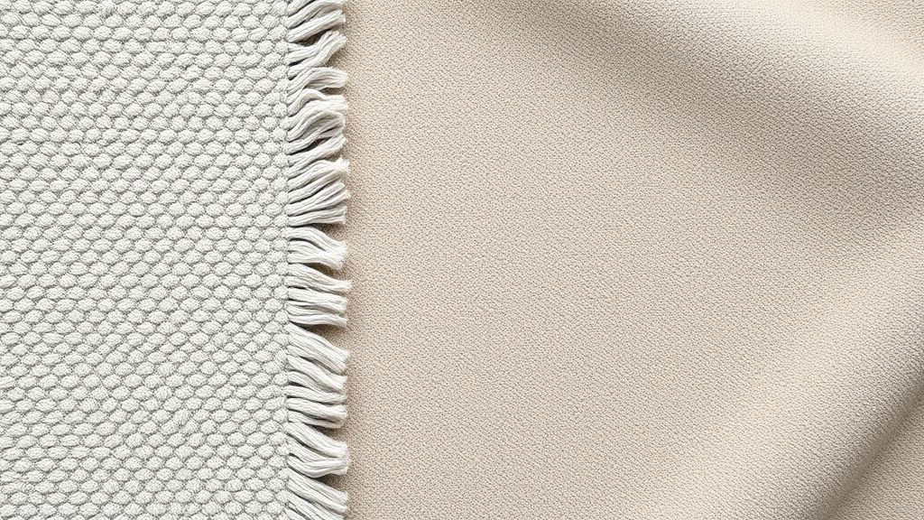 Flat lay com amostras de tecidos e tapetes em tons claros e texturas suaves.