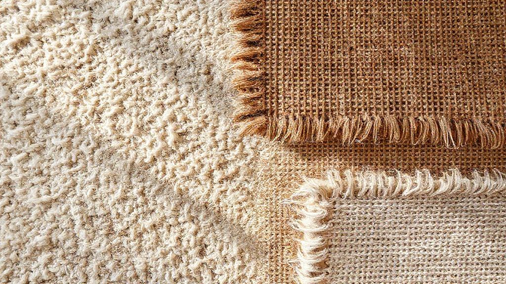 Flat lay com diferentes amostras de tapetes mostrando cores, padrões e texturas de fibras.