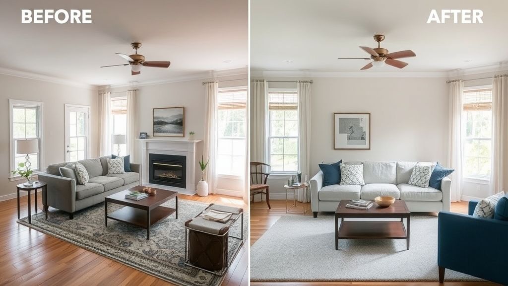 Comparativo de sala antes e depois da troca do tapete.