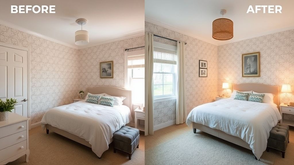 Comparativo de um pequeno quarto antes e depois da instalação de papel de parede claro e iluminação quente.