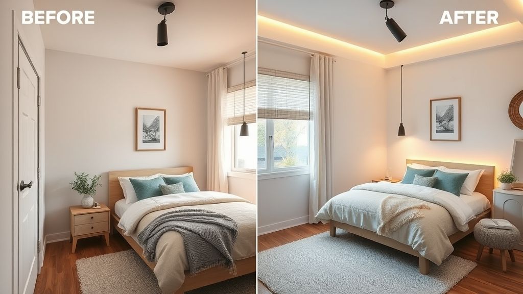 Comparativo de quarto pequeno antes e depois de aplicar tons claros e iluminação adequada.