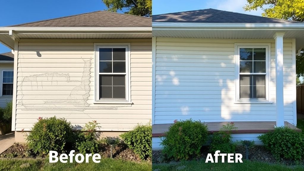 Comparativo de fachada antes com pintura danificada e depois com nova cor e acabamento.