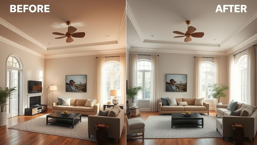 Comparativo de ambiente antes e depois da instalação de iluminação decorativa.