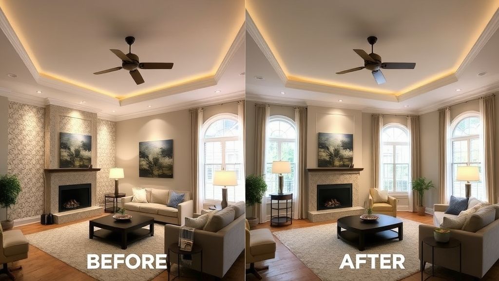 Comparativo de ambiente antes e depois da aplicação de iluminação decorativa ressaltando texturas.