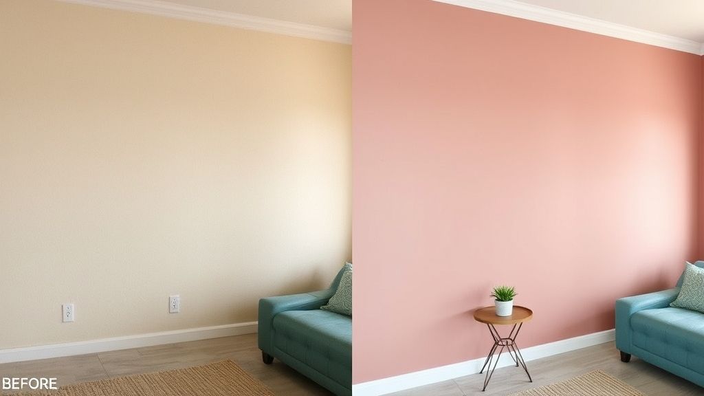 Comparação de parede antes e depois da pintura, mostrando transformação.