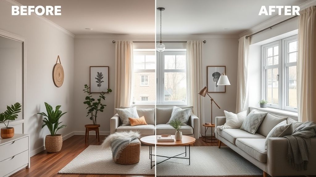 Comparativo de sala pequena antes e depois da decoração aconchegante.