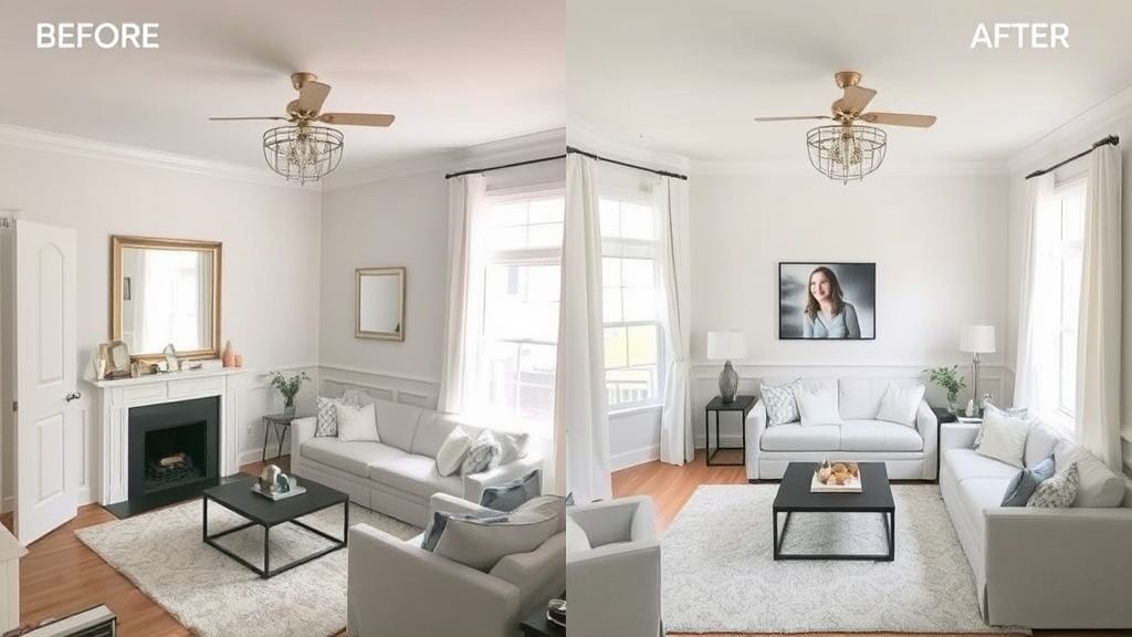 Comparativo de sala compacta antes e depois da decoração com tons claros e espelhos.