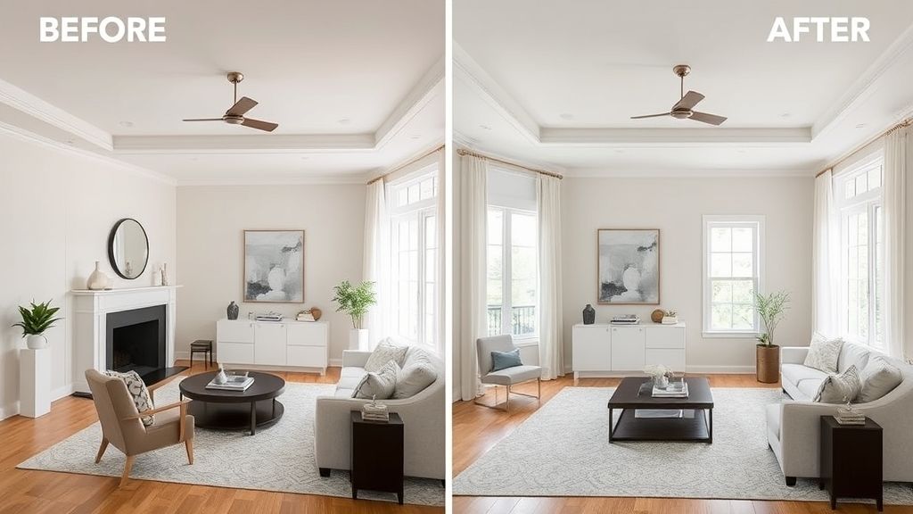 Comparativo de antes e depois de sala transformada com paleta neutra e iluminação aprimorada.
