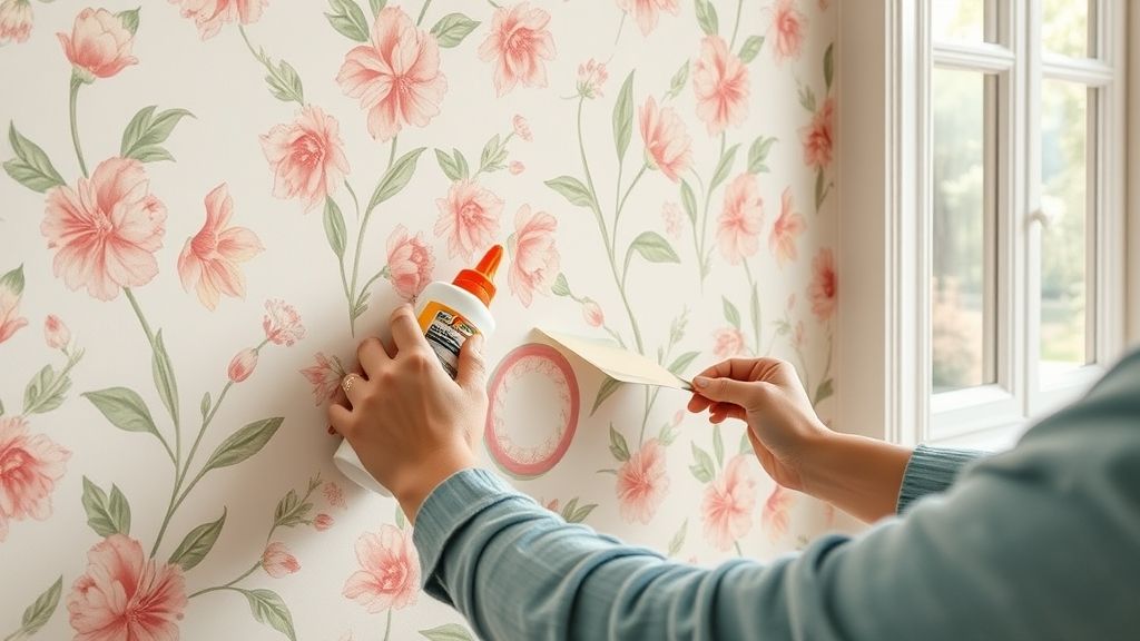 Pessoa aplicando papel de parede floral com espátula e cola.