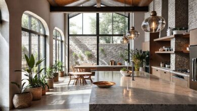 Espaço gourmet com decoração moderna, bancada de pedra e iluminação aconchegante.