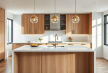 Bancada de cozinha moderna com ilha central, iluminação pendente e decoração neutra.
