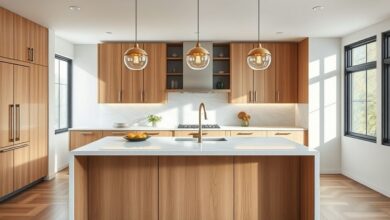 Bancada de cozinha moderna com ilha central, iluminação pendente e decoração neutra.