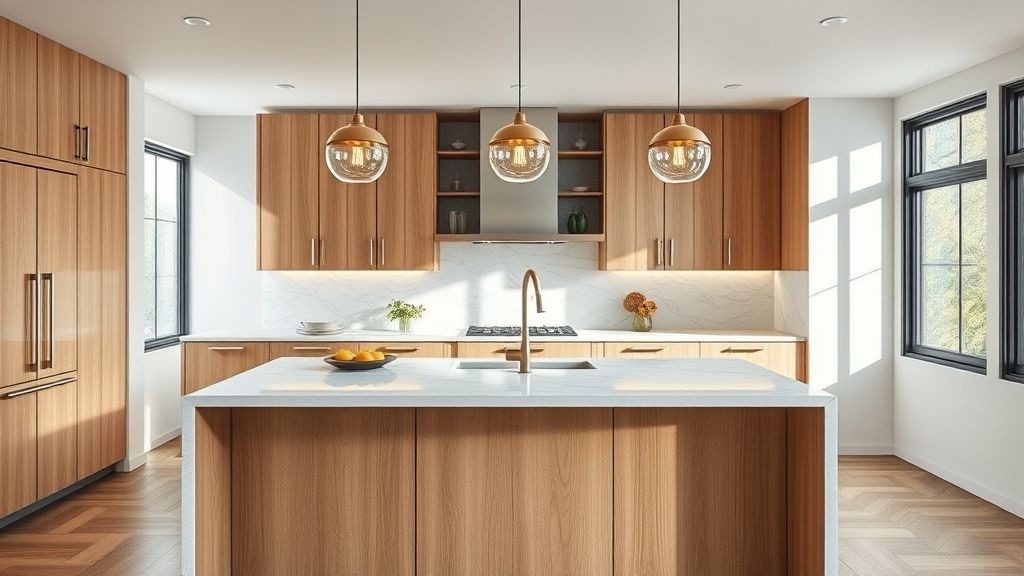 Bancada de cozinha moderna com ilha central, iluminação pendente e decoração neutra.