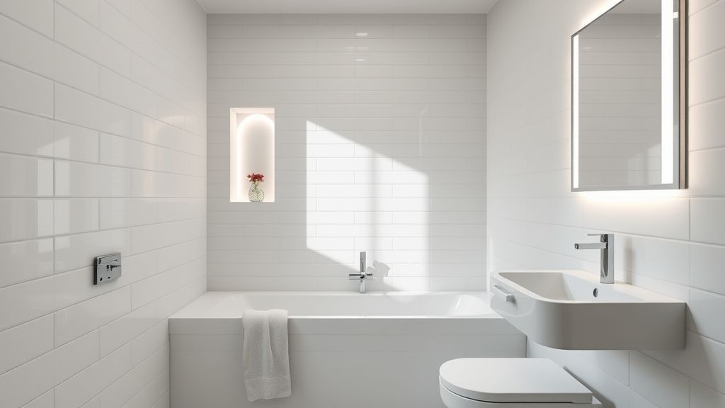 Banheiro moderno pequeno com nichos embutidos e iluminação LED suave.