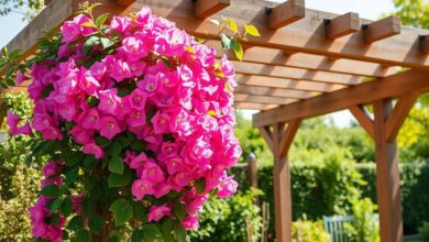 Bougainvillea florida em pérgola de madeira em um jardim ensolarado.