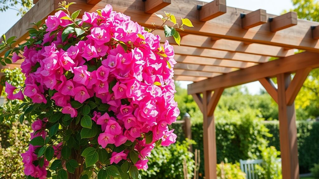 Bougainvillea florida em pérgola de madeira em um jardim ensolarado.