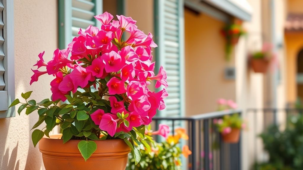 Bougainvillea crescendo em vaso em varanda ensolarada, cheia de flores roxas.