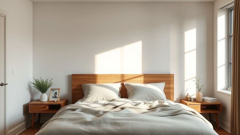 Quarto aconchegante com cabeceira de cama moderna em madeira clara e iluminação indireta.