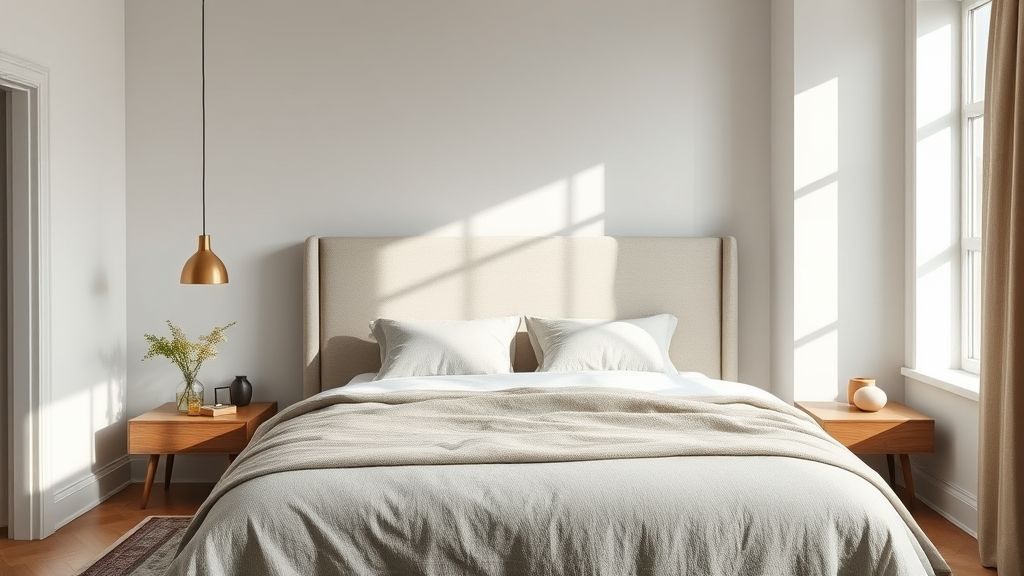 Cabeceira estofada feita à mão em quarto moderno com tons neutros.
