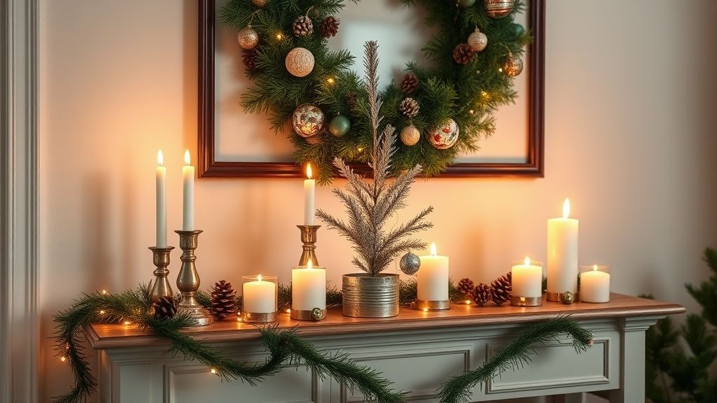 Aparador com velas, pinhas e miniárvore decorada, mostrando resultado final da decoração.