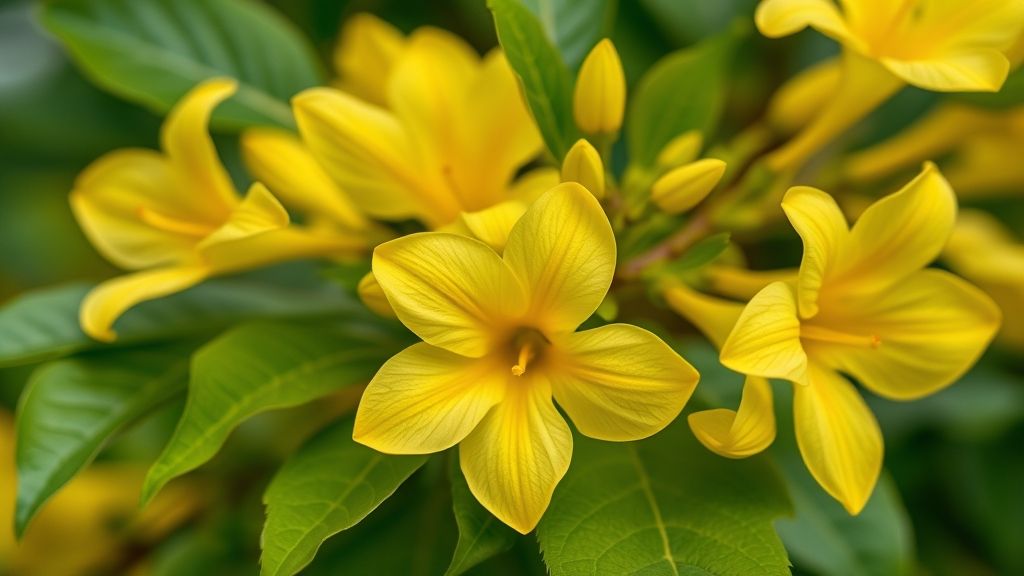 Detalhe de folhas e flores de ipê-amarelo ou resedá sob luz natural.