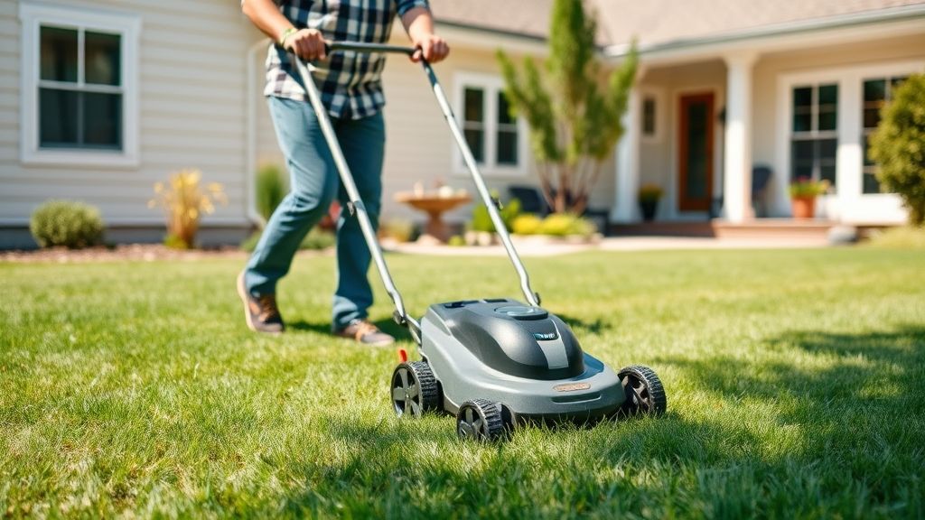Pessoa cortando grama em um jardim residencial com cortador elétrico.