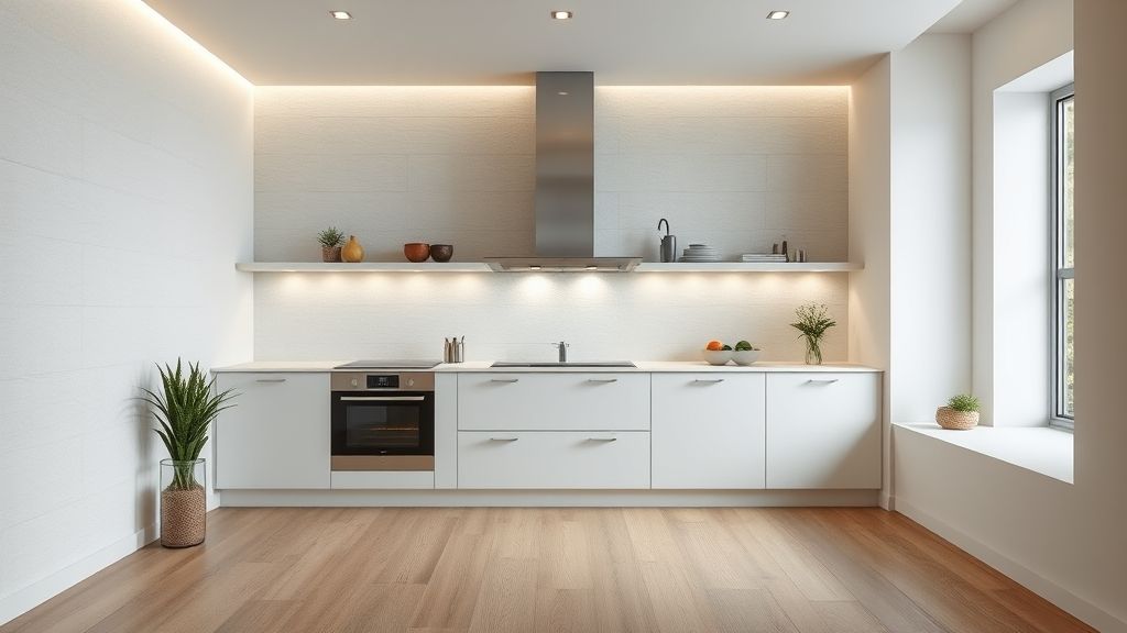 Cozinha iluminada com revestimentos acetinados e textura natural em paredes e piso.