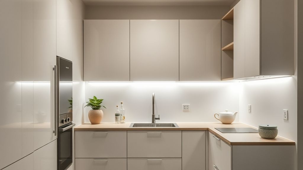Cozinha compacta e elegante com móveis planejados em MDF e iluminação em LED.