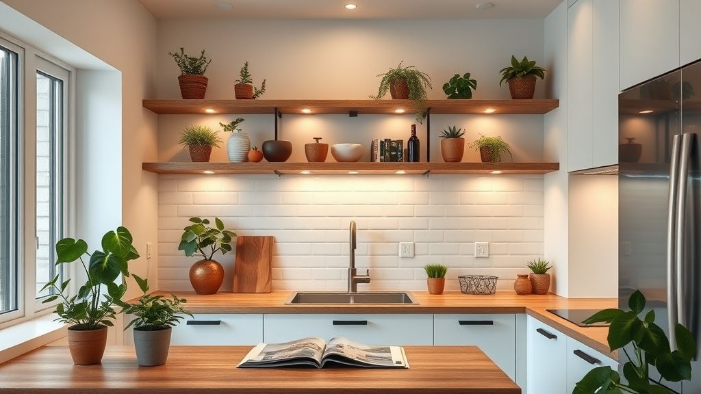 Cozinha funcional finalizada com decoração, plantas e iluminação aconchegante.