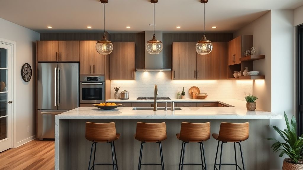 Cozinha finalizada com bancada funcional, banquetas e iluminação de destaque.