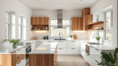 Cozinha contemporânea com bancada clara, plantas e iluminação suave.