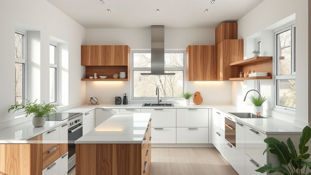 Cozinha contemporânea com bancada clara, plantas e iluminação suave.