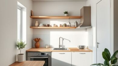 Cozinha compacta e bem organizada com tons claros e layout funcional.