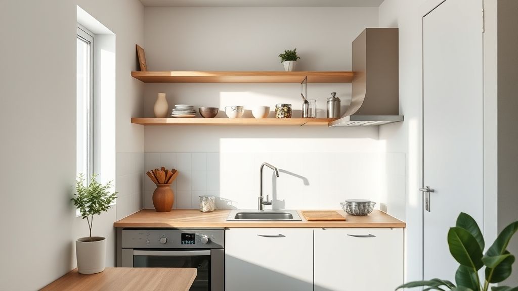 Cozinha pequena organizada com móveis planejados e iluminação moderna