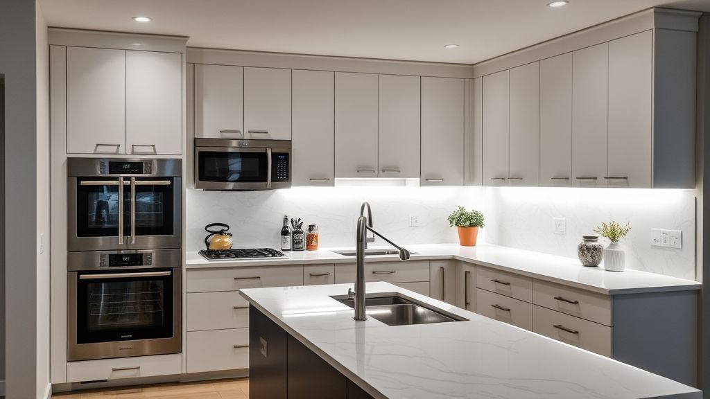 Cozinha planejada finalizada com iluminação de LED, bancada em quartzo e eletros embutidos.
